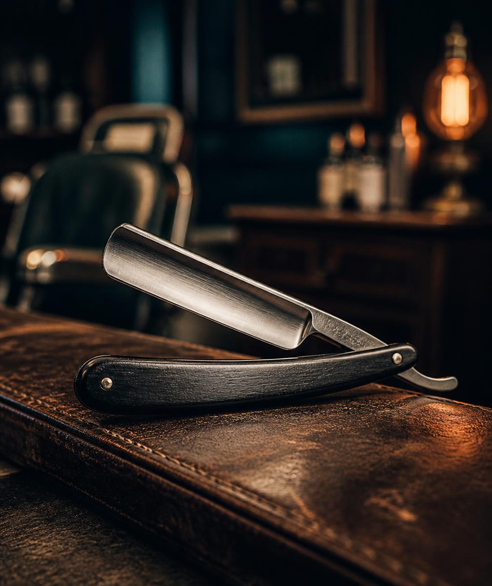 Ξυράφι και δερμάτινο λουρί σε σκούρο ξύλο